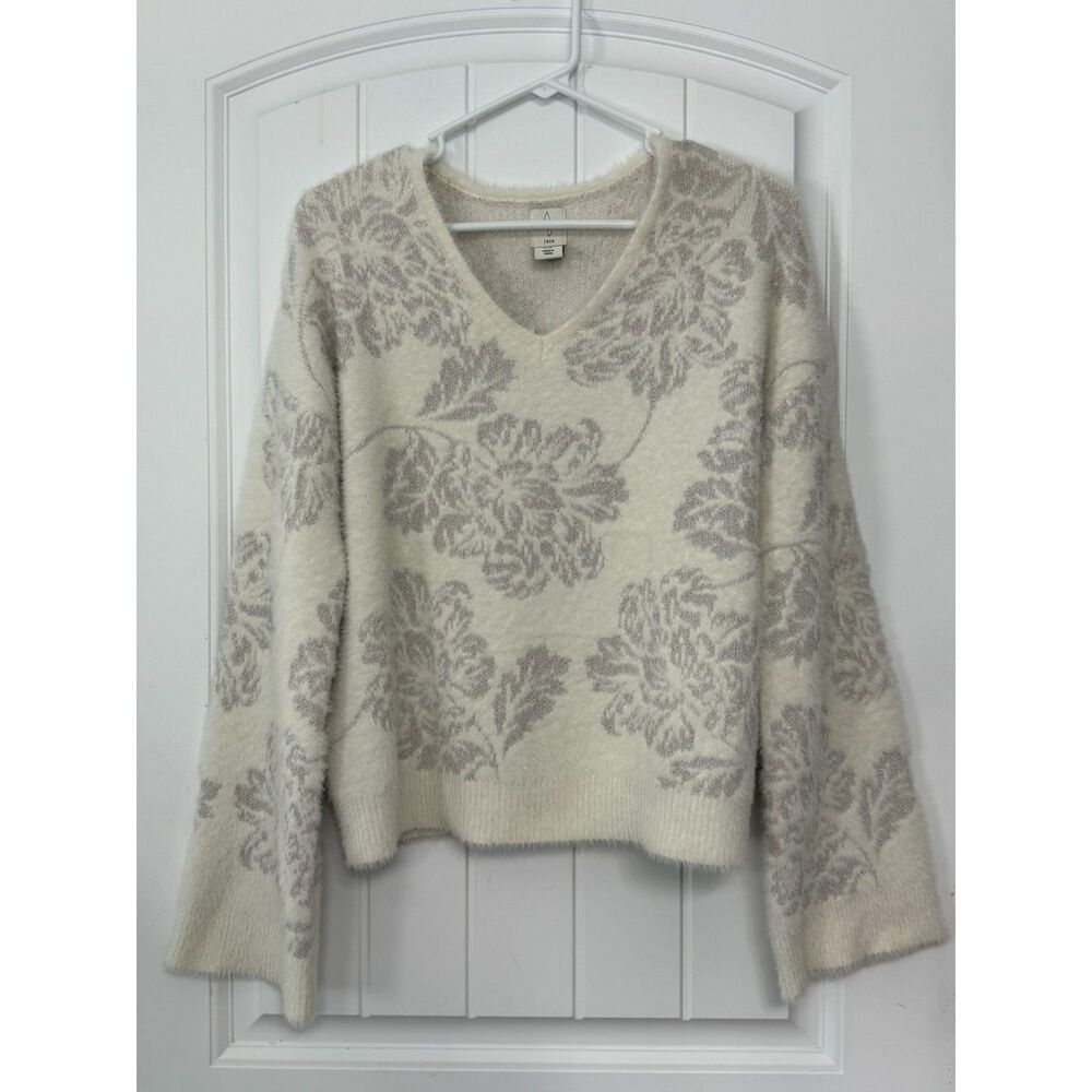 Joie Cream Silver Floral Fuzzy Sweater Size M Shimmer V-Neck Flared Sleeve